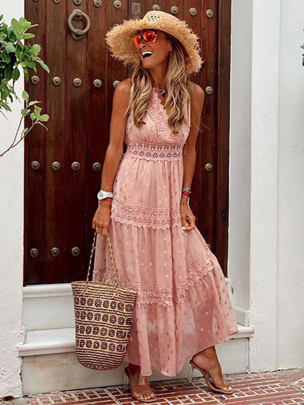 Polka Dot Boho Maxi Dress for Women - Lace Trim Tiered V Neck Sundress - Summer Beach Holiday 2026