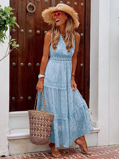 Polka Dot Boho Maxi Dress for Women - Lace Trim Tiered V Neck Sundress - Summer Beach Holiday 2026
