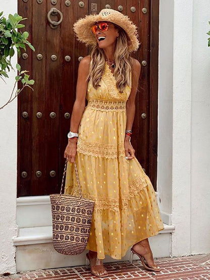 Polka Dot Boho Maxi Dress for Women - Lace Trim Tiered V Neck Sundress - Summer Beach Holiday 2026