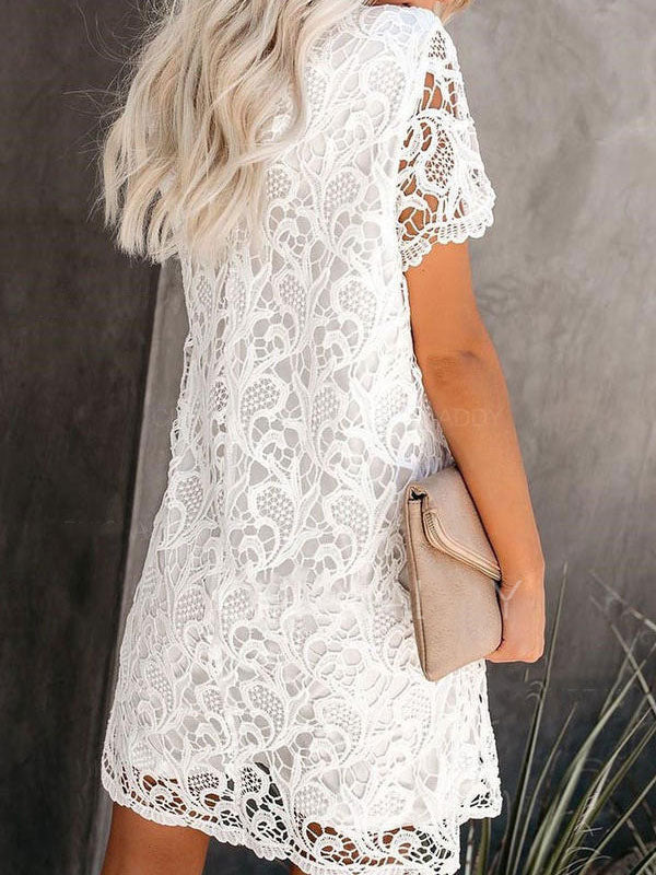 Lace Dresses White Jewel Neck Short Sleeves Oversized Lace Casual Dresses