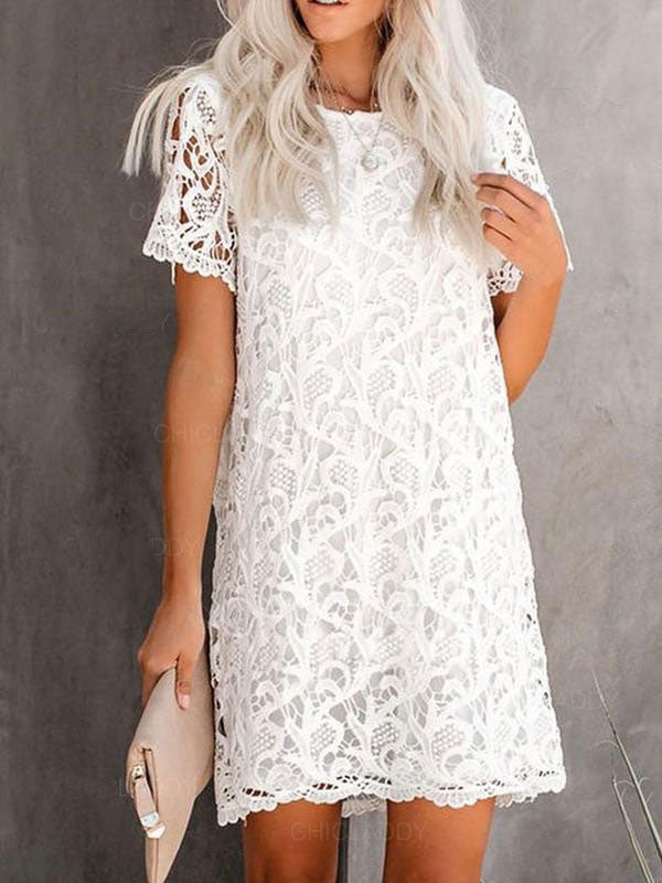 Lace Dresses White Jewel Neck Short Sleeves Oversized Lace Casual Dresses