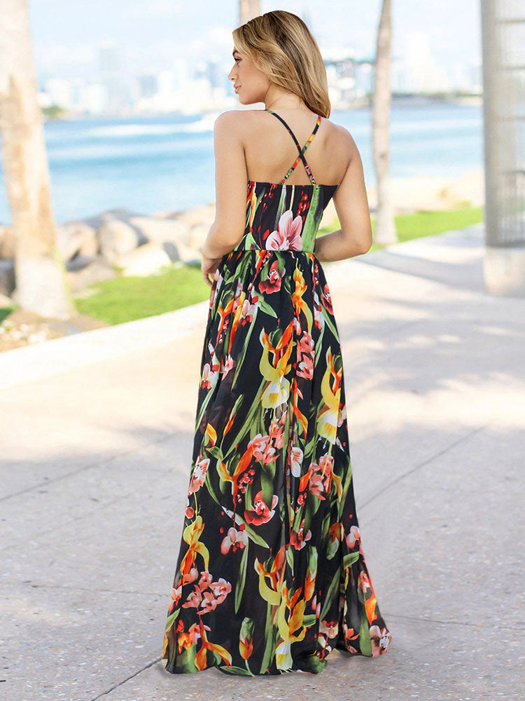 Tropical Floral Maxi Dress for Women - Leaf Print V Neck Backless Long Sundress - Summer Beach Vacation 2026