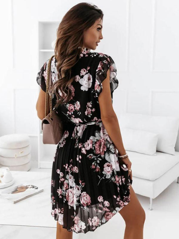 Summer Dress V-Neck Short Sleeves Floral Printed Pink Knee Length Beach Dress