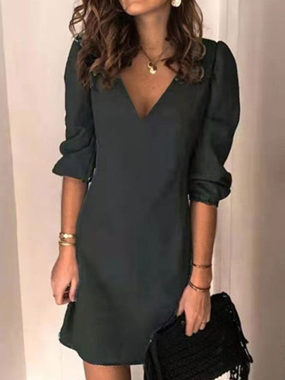 Midi Dress V-Neck Half Sleeves Simple Light Sky Blue Summer Dress