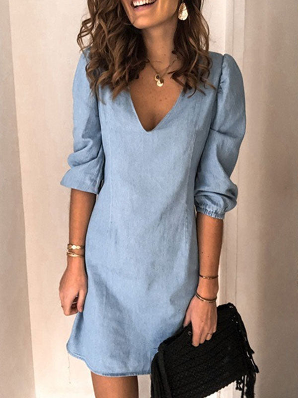 Midi Dress V-Neck Half Sleeves Simple Light Sky Blue Summer Dress