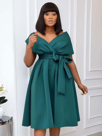 Plus Size Dress For Women Bateau Neck Short Sleeves Lycra Spandex Teal Midi Dress