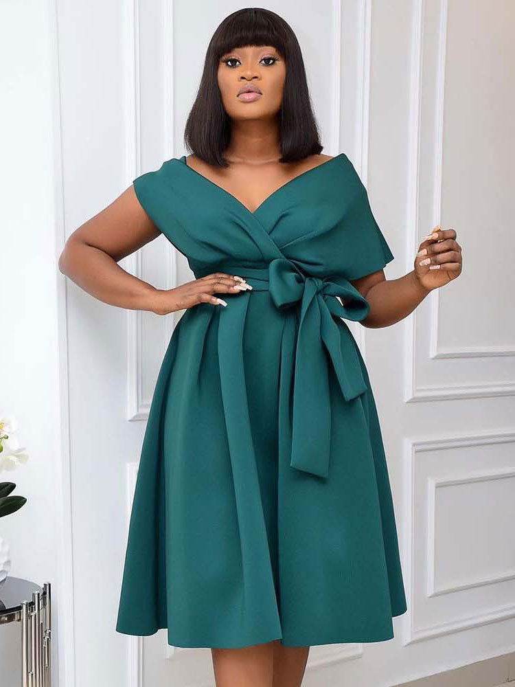 Plus Size Dress For Women Bateau Neck Short Sleeves Lycra Spandex Teal Midi Dress