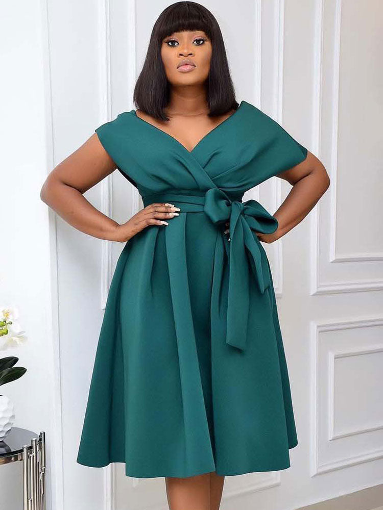 Plus Size Dress For Women Bateau Neck Short Sleeves Lycra Spandex Teal Midi Dress