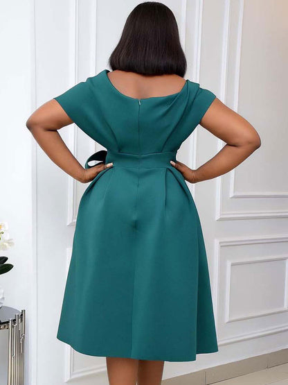 Plus Size Dress For Women Bateau Neck Short Sleeves Lycra Spandex Teal Midi Dress