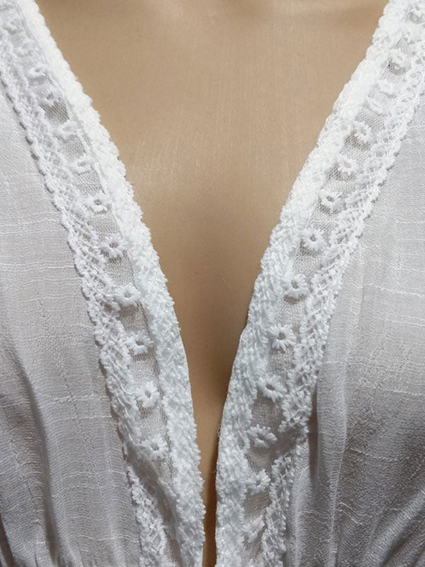 Cover Ups White Lace Up V Neck Half Sleeves Summer Beach Swimwear Cover Ups