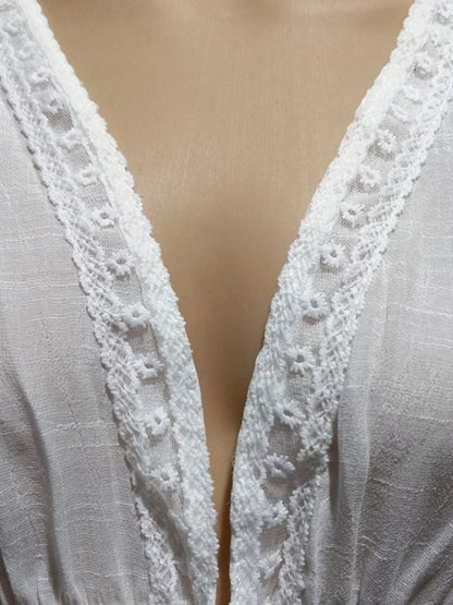 Cover Ups White Lace Up V Neck Half Sleeves Summer Beach Swimwear Cover Ups