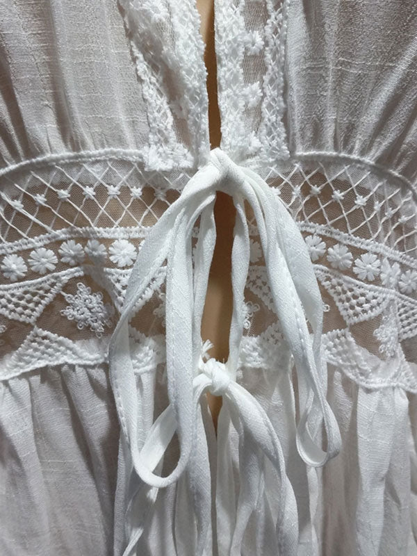 Cover Ups White Lace Up V Neck Half Sleeves Summer Beach Swimwear Cover Ups