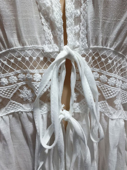 Cover Ups White Lace Up V Neck Half Sleeves Summer Beach Swimwear Cover Ups