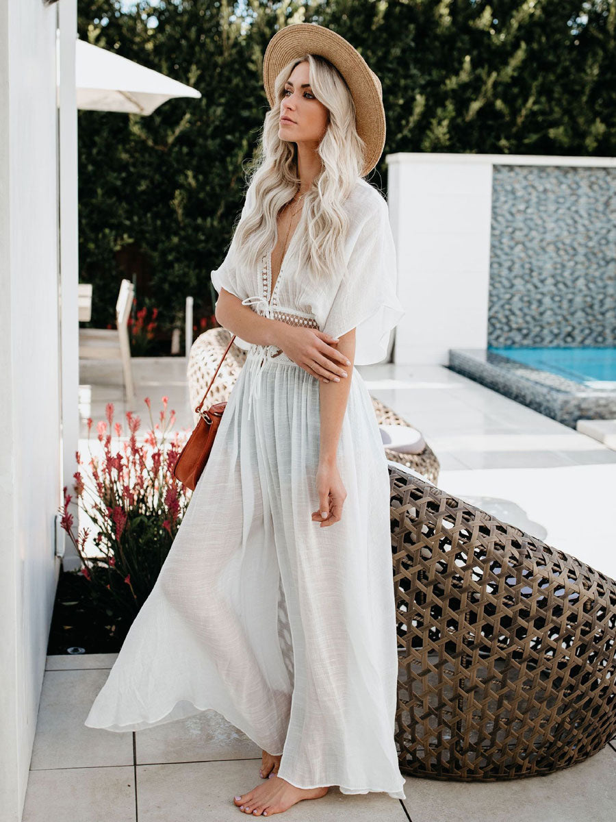 Cover Ups White Lace Up V Neck Half Sleeves Summer Beach Swimwear Cover Ups