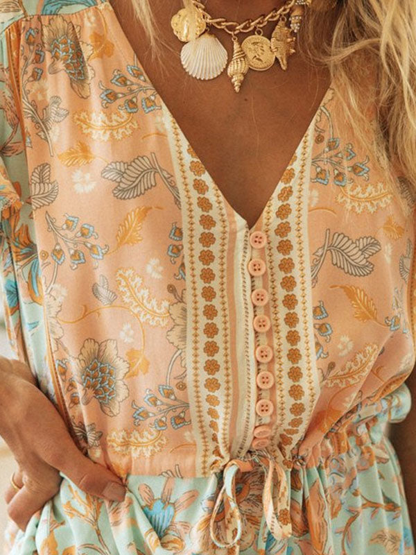 Boho Floral Maxi Dress for Women - Paisley V Neck Flutter Sleeve Layered Swing Dress - Summer Beach Party 2026