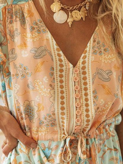 Boho Floral Maxi Dress for Women - Paisley V Neck Flutter Sleeve Layered Swing Dress - Summer Beach Party 2026