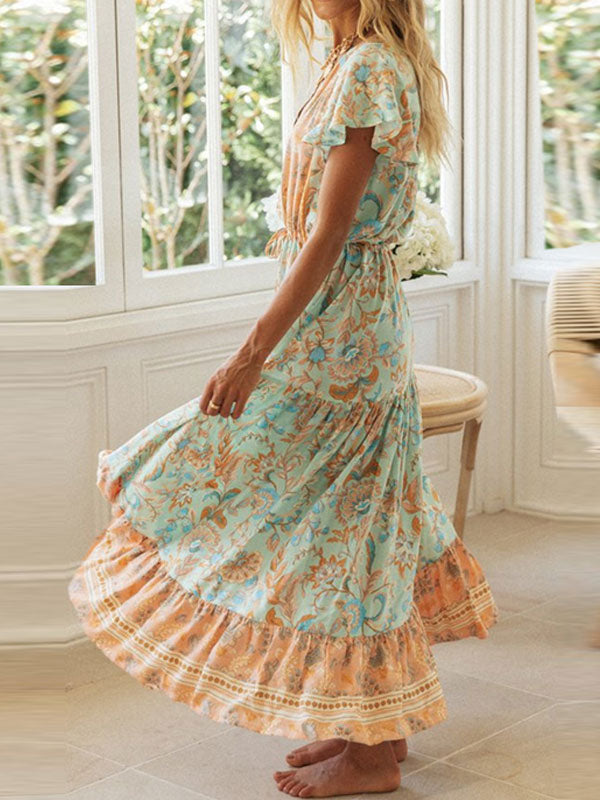 Boho Floral Maxi Dress for Women - Paisley V Neck Flutter Sleeve Layered Swing Dress - Summer Beach Party 2026