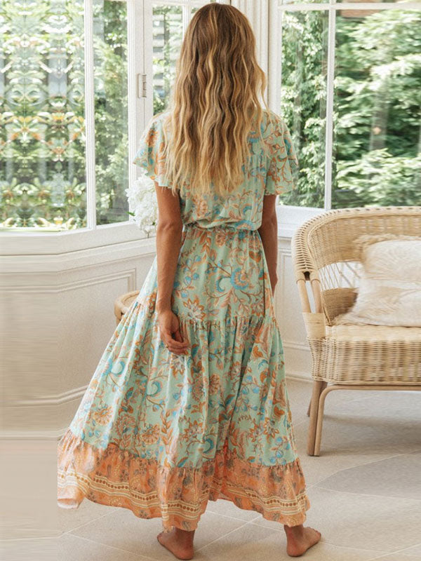 Boho Floral Maxi Dress for Women - Paisley V Neck Flutter Sleeve Layered Swing Dress - Summer Beach Party 2026