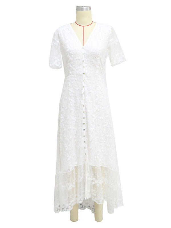 White Lace Maxi Boho Dress for Women - Embroidery Button Front Short Sleeves High Low Dress - Summer Beach Bridal Party Wear 2026