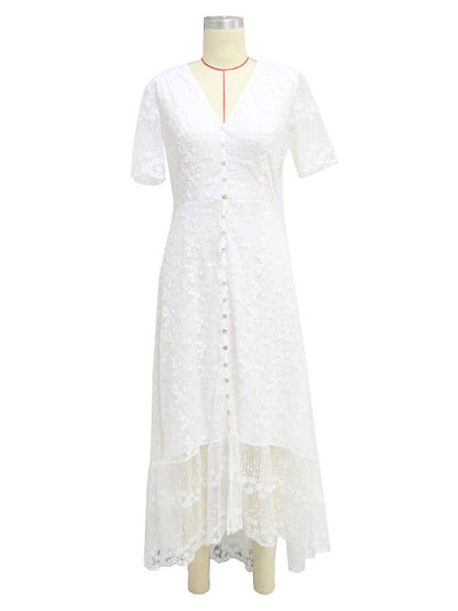 White Lace Maxi Boho Dress for Women - Embroidery Button Front Short Sleeves High Low Dress - Summer Beach Bridal Party Wear 2026