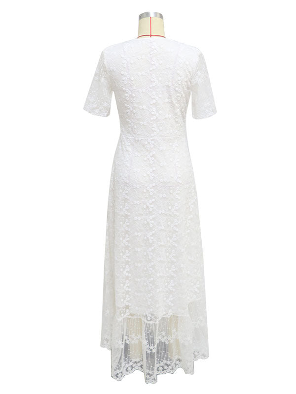 White Lace Maxi Boho Dress for Women - Embroidery Button Front Short Sleeves High Low Dress - Summer Beach Bridal Party Wear 2026