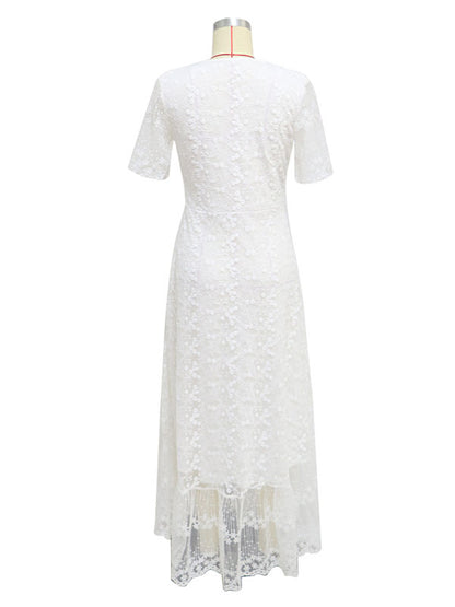 White Lace Maxi Boho Dress for Women - Embroidery Button Front Short Sleeves High Low Dress - Summer Beach Bridal Party Wear 2026