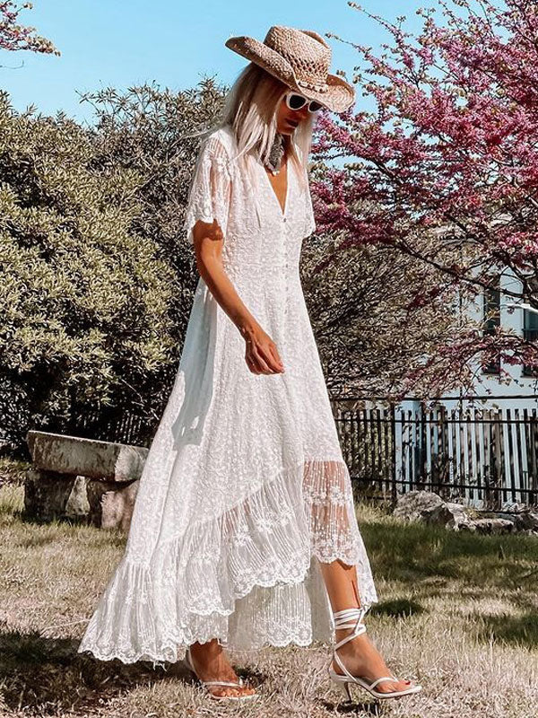 White Lace Maxi Boho Dress for Women - Embroidery Button Front Short Sleeves High Low Dress - Summer Beach Bridal Party Wear 2026