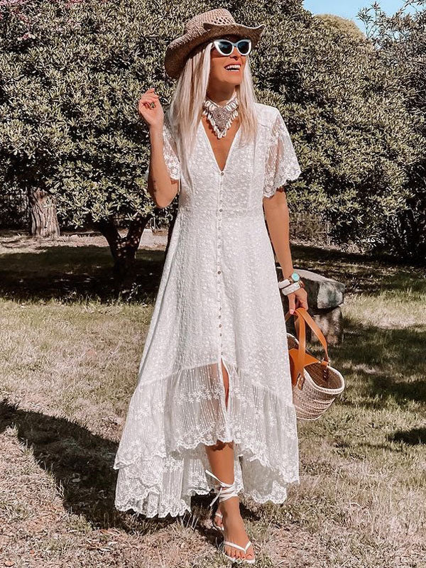 White Lace Maxi Boho Dress for Women - Embroidery Button Front Short Sleeves High Low Dress - Summer Beach Bridal Party Wear 2026