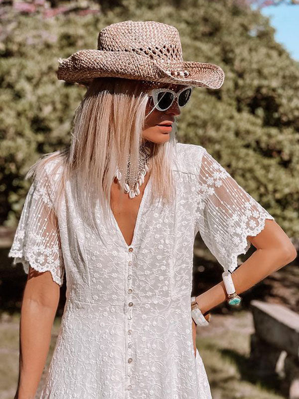 White Lace Maxi Boho Dress for Women - Embroidery Button Front Short Sleeves High Low Dress - Summer Beach Bridal Party Wear 2026