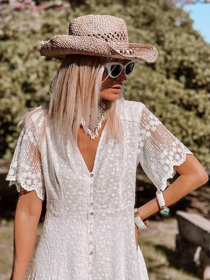 White Lace Maxi Boho Dress for Women - Embroidery Button Front Short Sleeves High Low Dress - Summer Beach Bridal Party Wear 2026