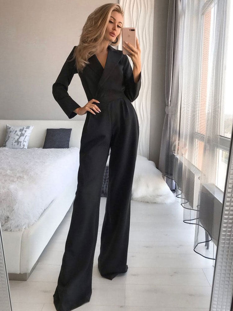 Black V-Neck Long Sleeves Jumpsuits For Women