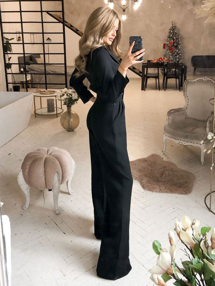 Black V-Neck Long Sleeves Jumpsuits For Women