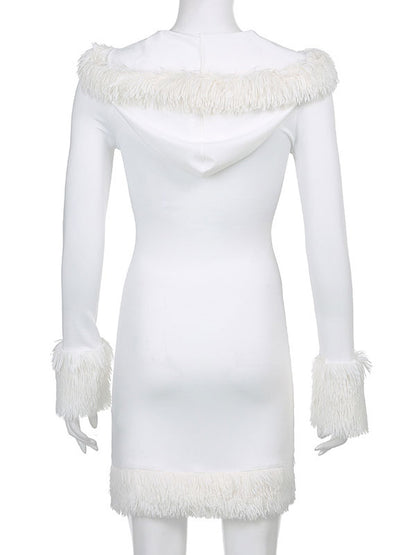 Women Bodycon Dress White Hooded Long Sleeves Stretch Christmas Halloween Cos Holiday Dresses