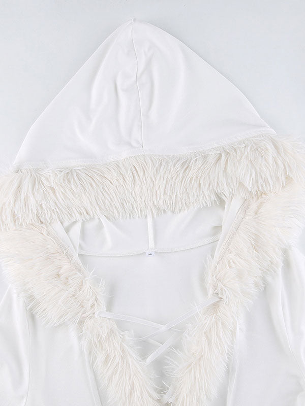 Women Bodycon Dress White Hooded Long Sleeves Stretch Christmas Halloween Cos Holiday Dresses