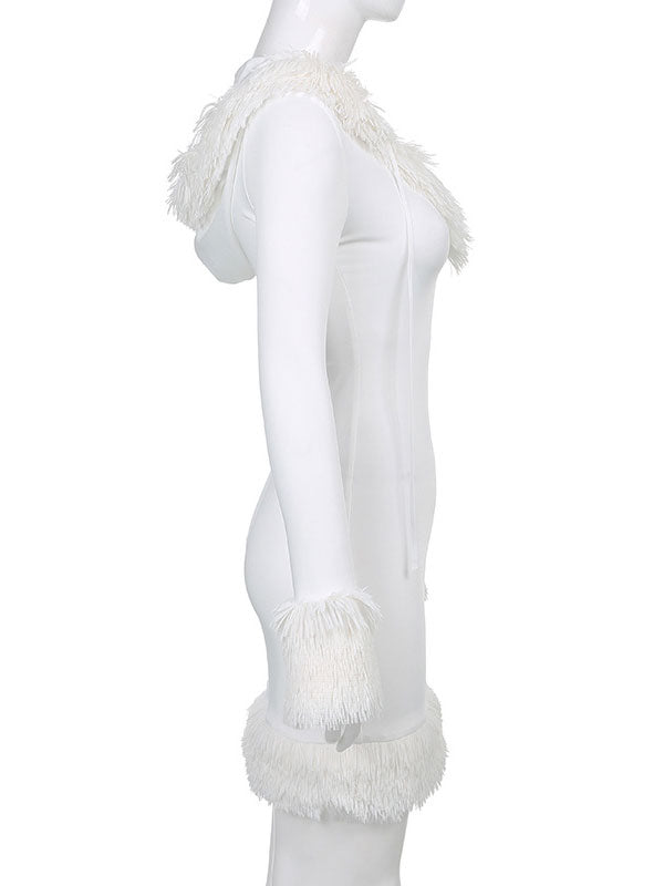 Women Bodycon Dress White Hooded Long Sleeves Stretch Christmas Halloween Cos Holiday Dresses