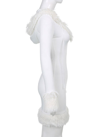 Women Bodycon Dress White Hooded Long Sleeves Stretch Christmas Halloween Cos Holiday Dresses
