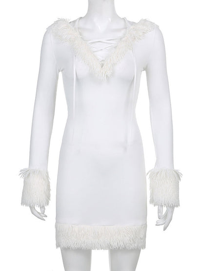 Women Bodycon Dress White Hooded Long Sleeves Stretch Christmas Halloween Cos Holiday Dresses