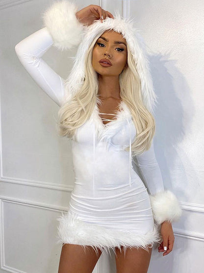 Women Bodycon Dress White Hooded Long Sleeves Stretch Christmas Halloween Cos Holiday Dresses