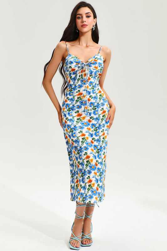 Floral Lace Up Trim Cami Midi Dress