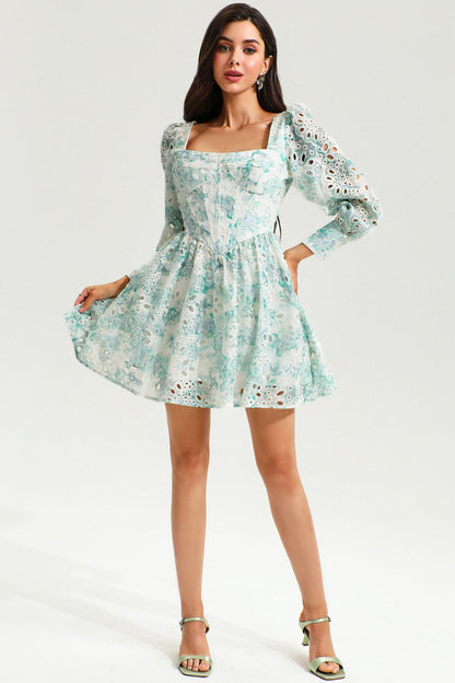 Floral Puff Long Sleeve Ruffle Mini Dress