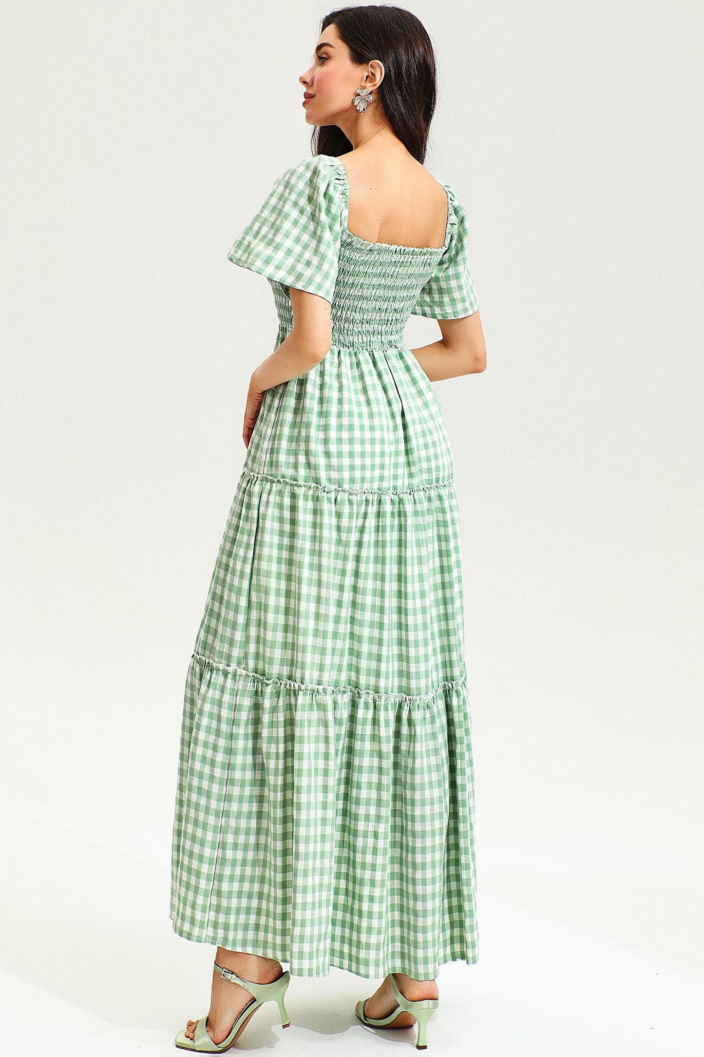 Puff Sleeve Square Collar Lattice Midi Dress Green