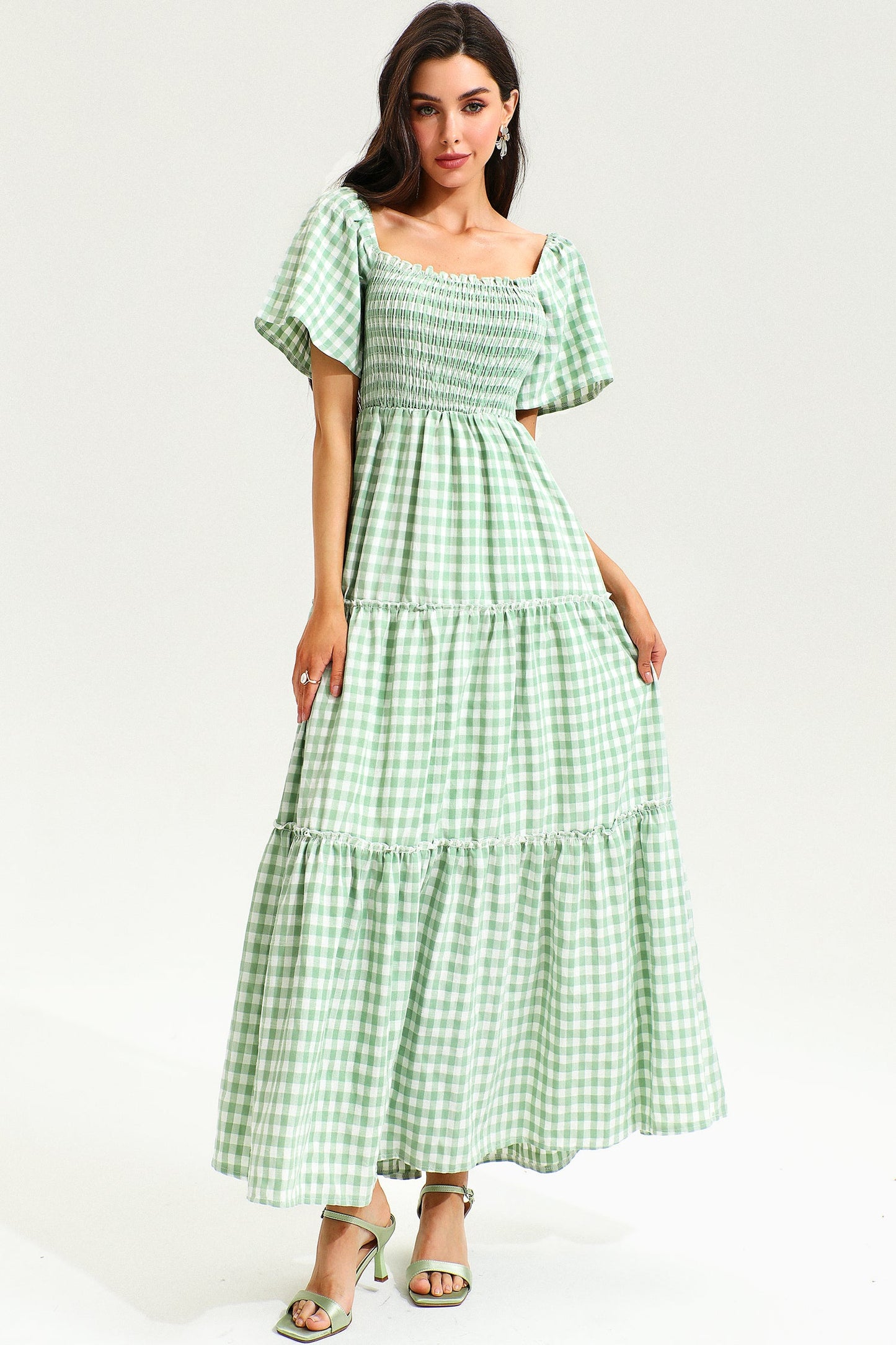 Puff Sleeve Square Collar Lattice Midi Dress Green