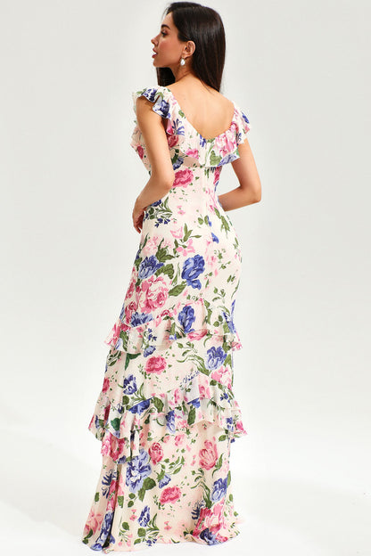 Floral Tiered Ruffle Hem Fishtail Maxi Dress