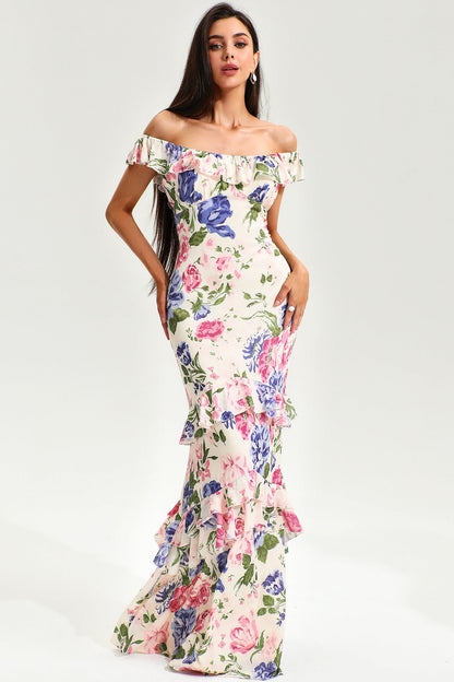 Floral Tiered Ruffle Hem Fishtail Maxi Dress