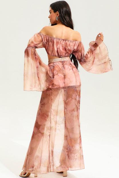 Floral Flared Sleeve Ruched Top & Slit Maxi Skirt Set