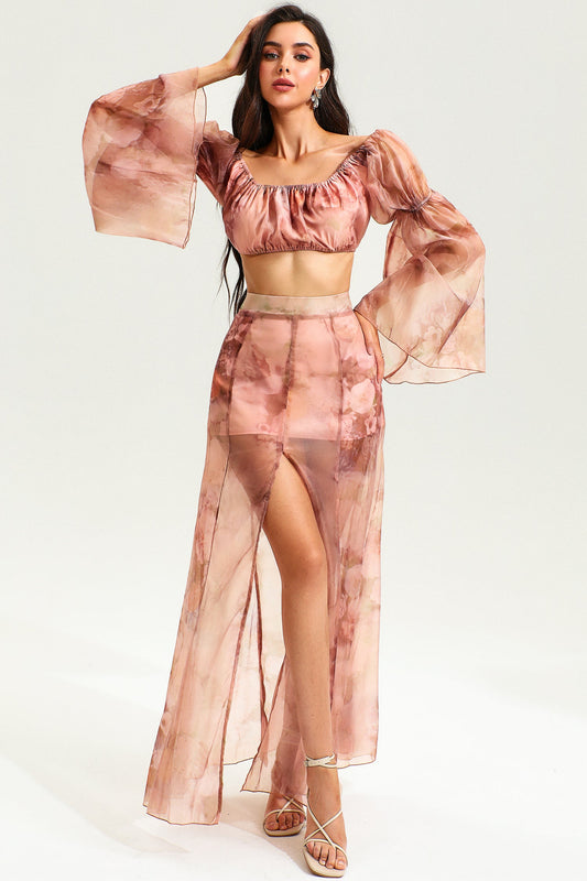 Floral Flared Sleeve Ruched Top & Slit Maxi Skirt Set