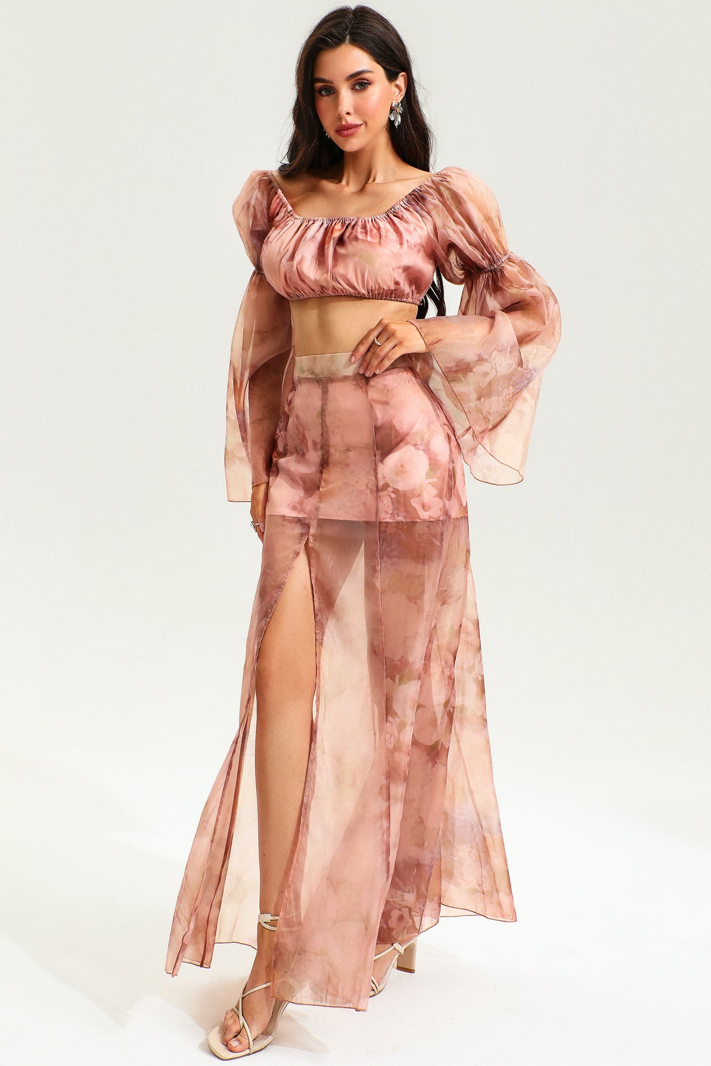 Floral Flared Sleeve Ruched Top & Slit Maxi Skirt Set