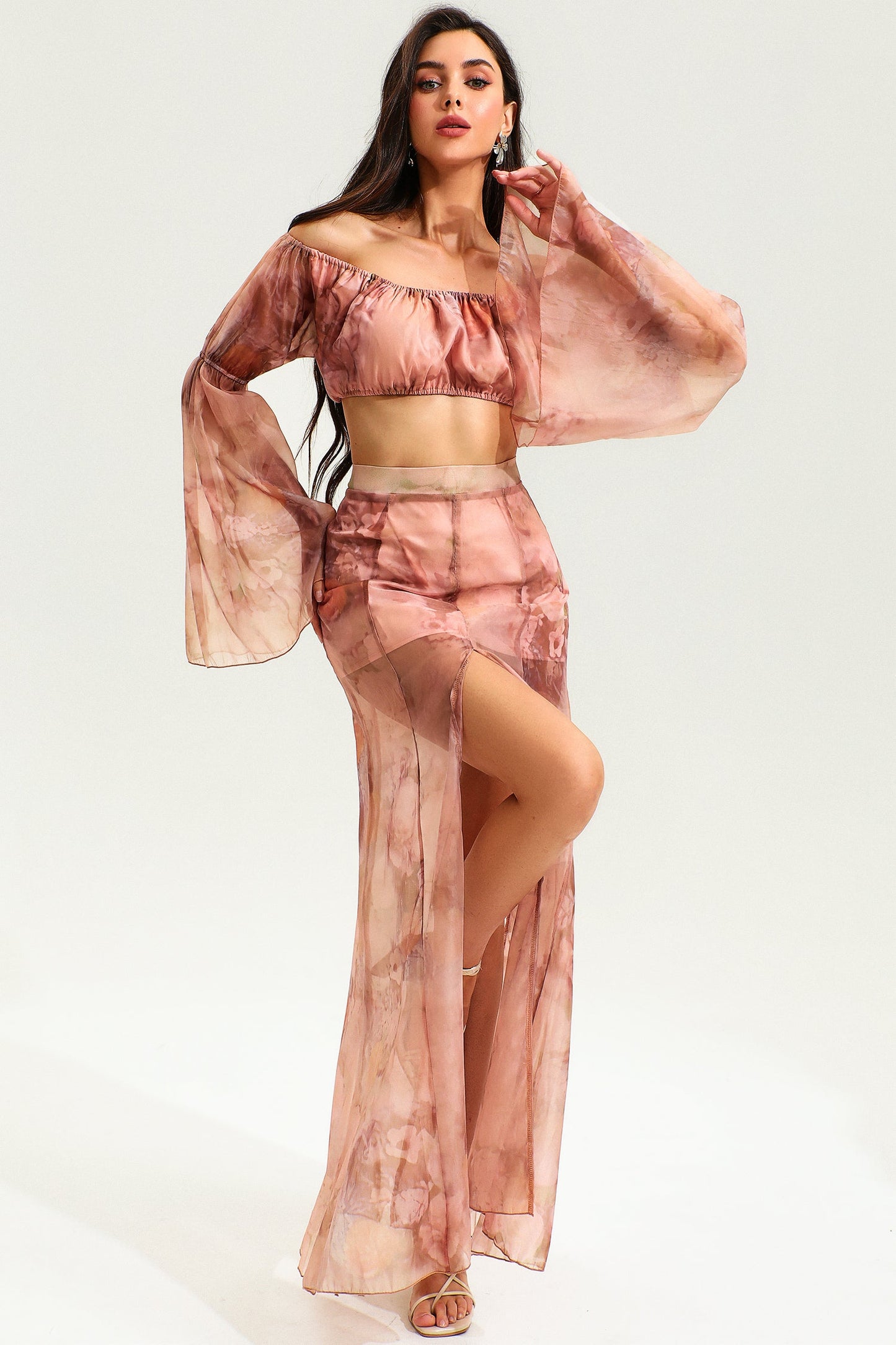 Floral Flared Sleeve Ruched Top & Slit Maxi Skirt Set