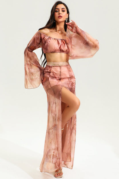 Floral Flared Sleeve Ruched Top & Slit Maxi Skirt Set