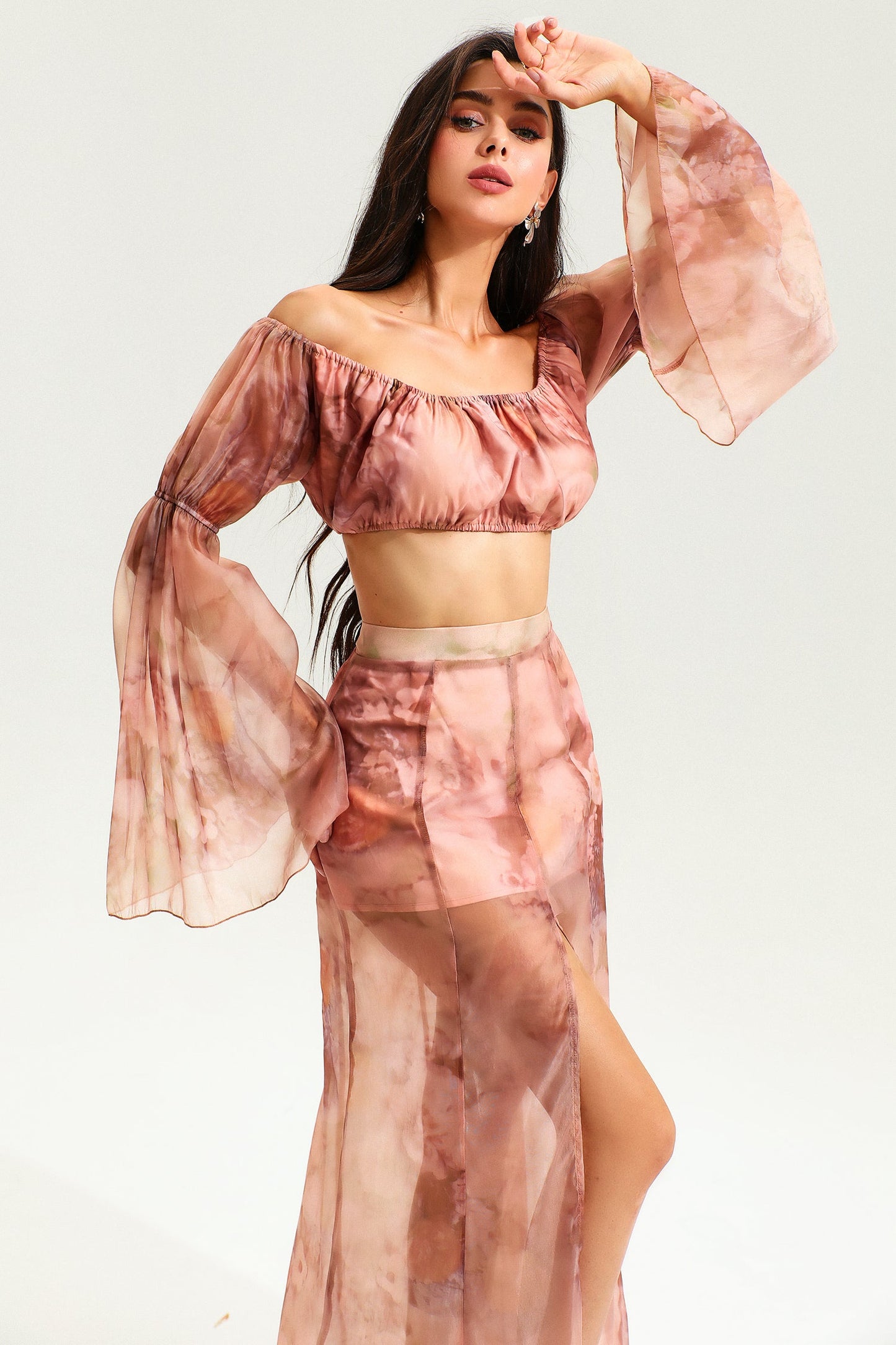 Floral Flared Sleeve Ruched Top & Slit Maxi Skirt Set